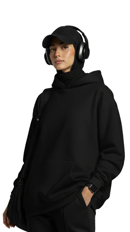 Person wearing a black outfit with headphones on a white background