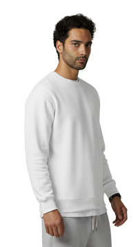 Man wearing a white sweatshirt and gray pants on a light gray background
