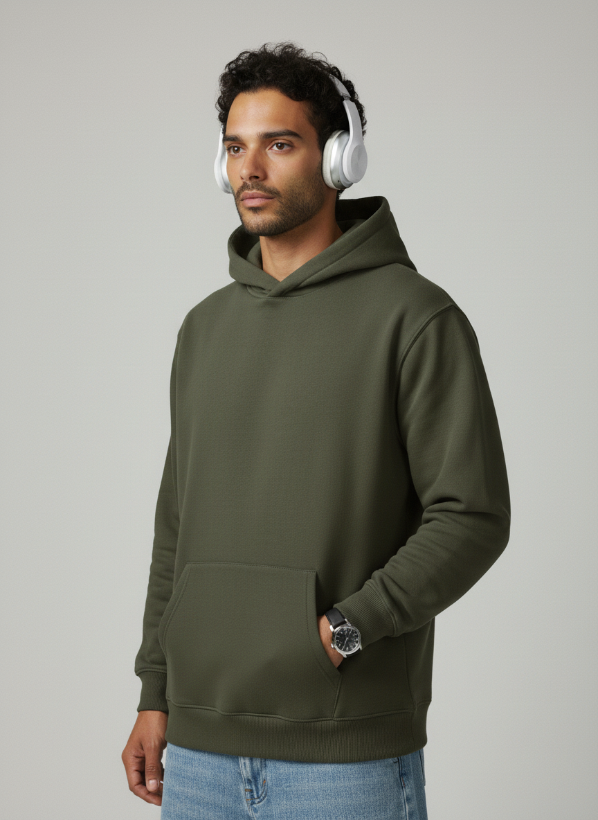 Man wearing an olive green hoodie and white headphones on a gray background