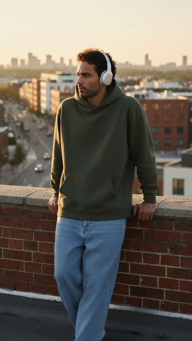 Man wearing headphones standing on a rooftop with a cityscape in the background