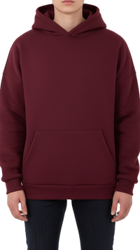 Maroon hoodie worn by a person on a white background