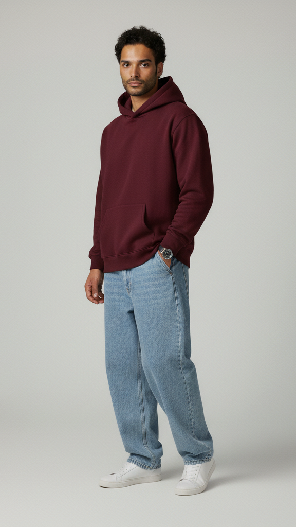 Man wearing a burgundy hoodie and light blue jeans on a plain background